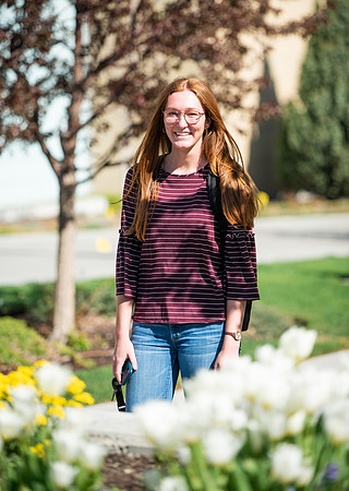 Flowers between the Taylor Building and Manwaring Center during the Spring 2021 Semester.