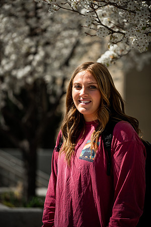 Flowers between the Taylor Building and Manwaring Center during the Spring 2021 Semester.
