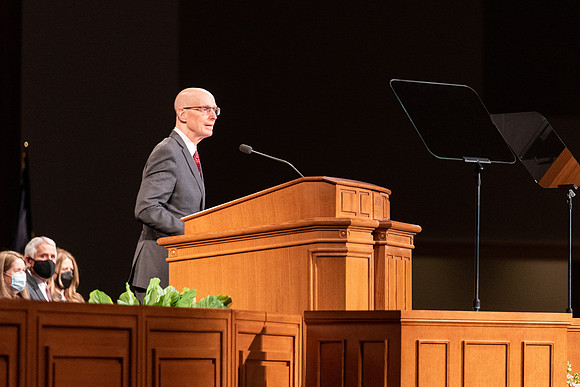 President Eyring introducing the speaker for devotional.