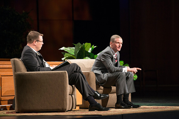 President Gilbert and Elder David A. Bednar Have a Q&A style meeting for the BYU-Idaho employees. Elder Bednar was the President during the transition of Ricks College to BYU-Idaho.