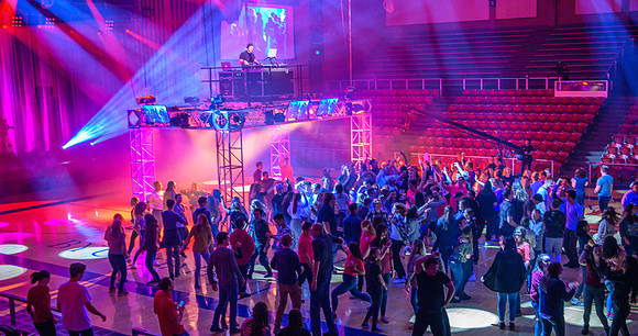 First Friday is a campus wide party to celebrate the start of the new school year. Activities include escape rooms, dancing, games, inflatables, food, comedy performances, blacklight dodgeball, nerf
