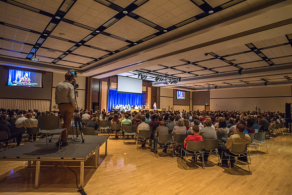 Students and faculty meet in the MC Ballroom for Devotional during the summer 2017 session.