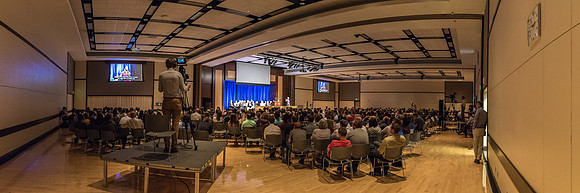 Students and faculty meet in the MC Ballroom for Devotional during the summer 2017 session.