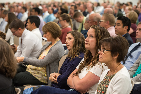 BYU-Idaho employees gather in the Taylor Chapel before the start of Fall Semester 2017.