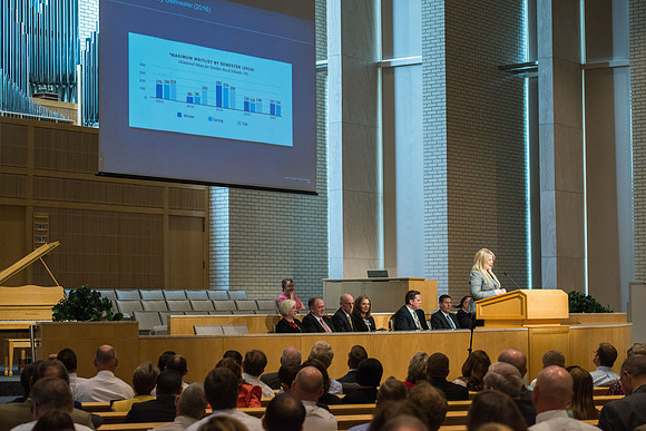 BYU-Idaho employees gather in the Taylor Chapel before the start of Fall Semester 2017.