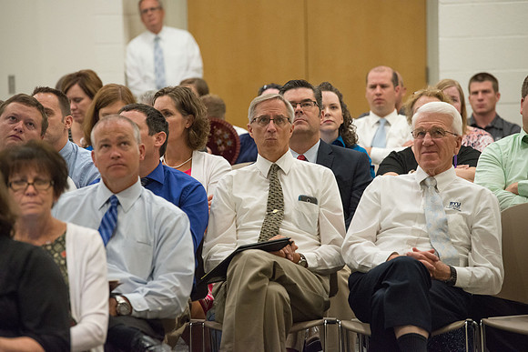 BYU-Idaho employees gather in the Taylor Chapel before the start of Fall Semester 2017.