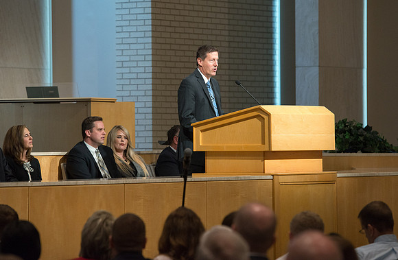 BYU-Idaho employees gather in the Taylor Chapel before the start of Fall Semester 2017.