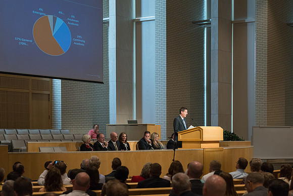 BYU-Idaho employees gather in the Taylor Chapel before the start of Fall Semester 2017.