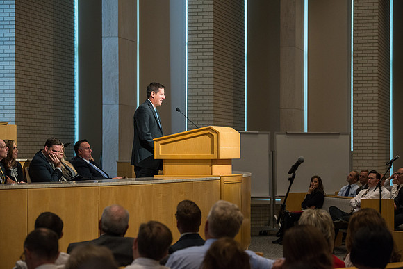 BYU-Idaho employees gather in the Taylor Chapel before the start of Fall Semester 2017.