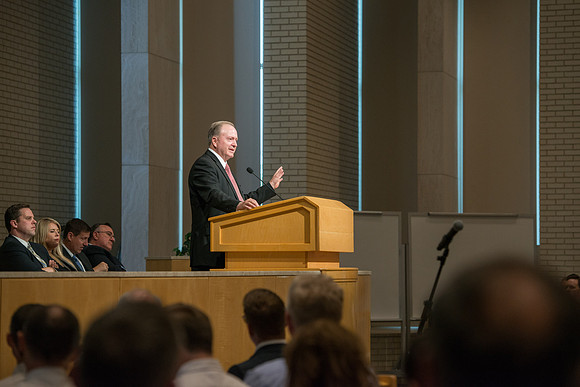 BYU-Idaho employees gather in the Taylor Chapel before the start of Fall Semester 2017.