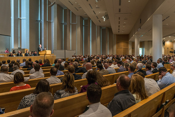 BYU-Idaho employees gather in the Taylor Chapel before the start of Fall Semester 2017.