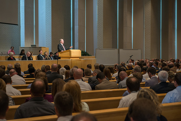 BYU-Idaho employees gather in the Taylor Chapel before the start of Fall Semester 2017.