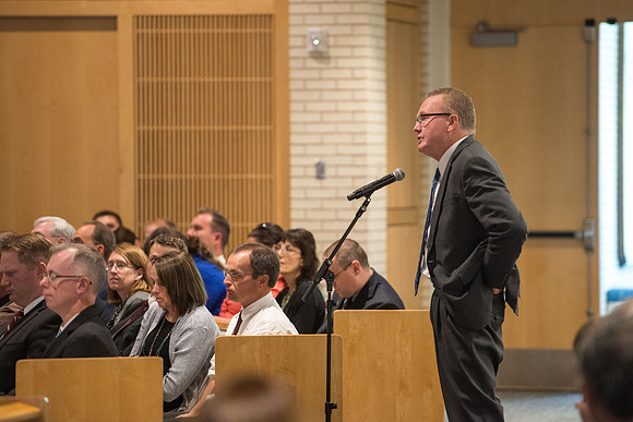 BYU-Idaho employees gather in the Taylor Chapel before the start of Fall Semester 2017.