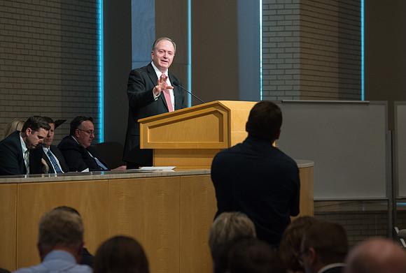 BYU-Idaho employees gather in the Taylor Chapel before the start of Fall Semester 2017.