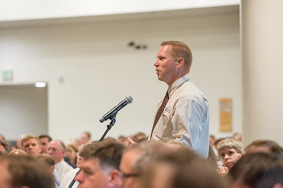 BYU-Idaho employees gather in the Taylor Chapel before the start of Fall Semester 2017.