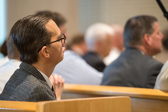 BYU-Idaho employees gather in the Taylor Chapel before the start of Fall Semester 2017.