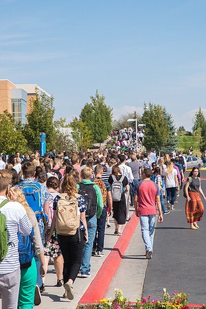 Students leave from Devotional to go to class.