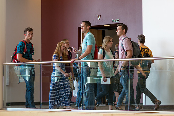Students leave the I-Center after the first Devotional of the Fall 2017 semester.