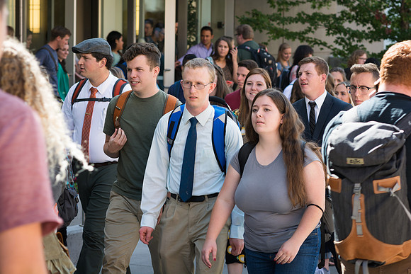 Students leave the I-Center after the first Devotional of the Fall 2017 semester.