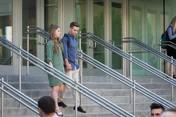 Students leave the I-Center after the first Devotional of the Fall 2017 semester.