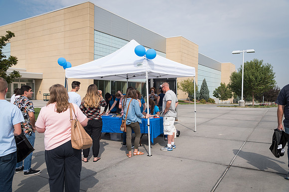 A booth is setup to help new students at the start of the semester.