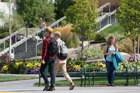 Some students make their way across campus on the first week of the semester.