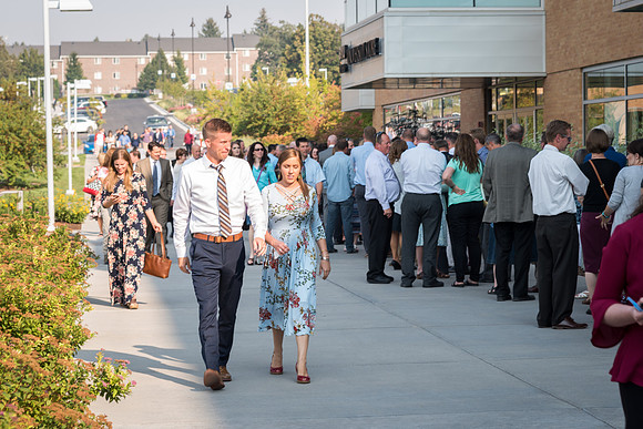 The line of employees entering the MC for the Employee Banquet runs out the North-East corner of the building and all the way to the North-West corner of the building. 2017