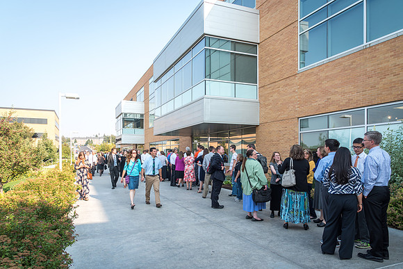 The line of employees entering the MC for the Employee Banquet runs out the North-East corner of the building and all the way to the North-West corner of the building. 2017