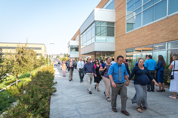 The line of employees entering the MC for the Employee Banquet runs out the North-East corner of the building and all the way to the North-West corner of the building. 2017