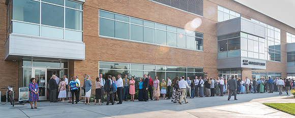 The line of employees entering the MC for the Employee Banquet runs out the North-East corner of the building and all the way to the North-West corner of the building. 2017