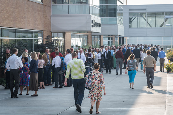 The line of employees entering the MC for the Employee Banquet runs out the North-East corner of the building and all the way to the North-West corner of the building. 2017