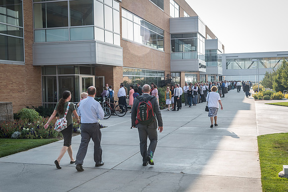 The line of employees entering the MC for the Employee Banquet runs out the North-East corner of the building and all the way to the North-West corner of the building. 2017
