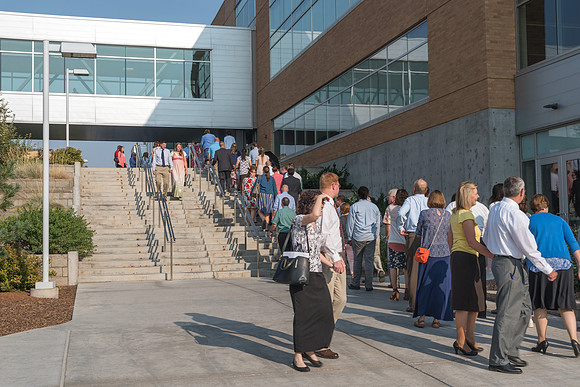 The line of employees entering the MC for the Employee Banquet runs out the North-East corner of the building and all the way to the North-West corner of the building. 2017