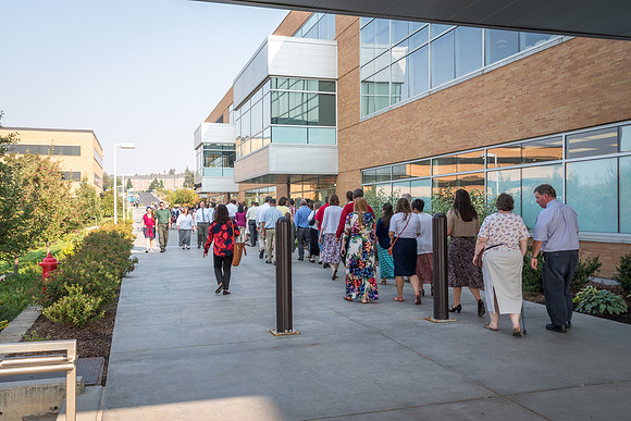 The line of employees entering the MC for the Employee Banquet runs out the North-East corner of the building and all the way to the North-West corner of the building. 2017