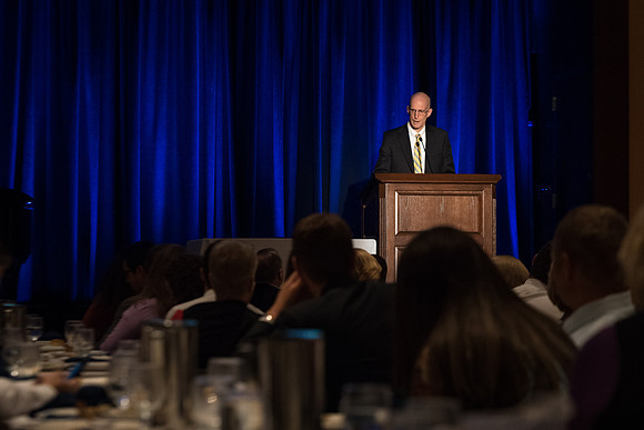 President Henry J. Eyring speaks about having grit at the Employee Banquet. 2017