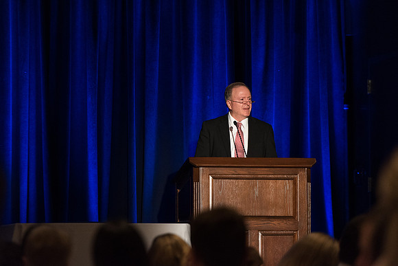 Elder Lynn G. Robbins speaks at the Employee Banquet. 2017