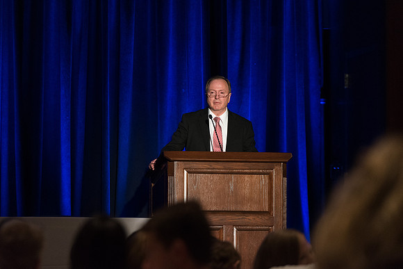 Elder Lynn G. Robbins speaks at the Employee Banquet. 2017