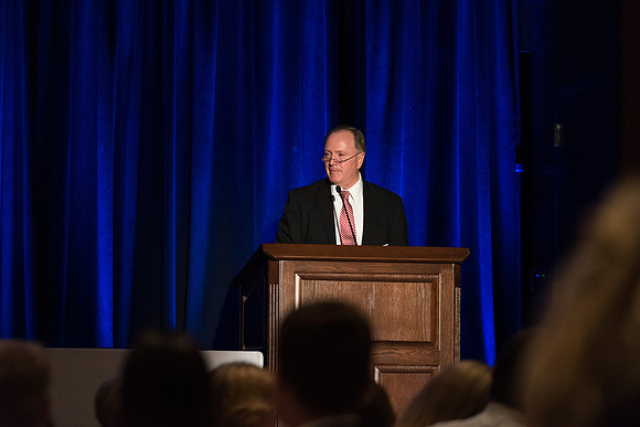 Elder Lynn G. Robbins speaks at the Employee Banquet. 2017
