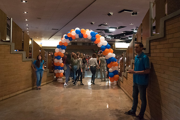 Newly incoming freshman meet in the Hart auditorium for a Living and Learning meeting at the start of the semester.