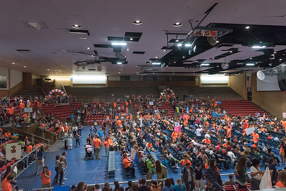 Newly incoming freshman meet in the Hart auditorium for a Living and Learning meeting at the start of the semester.
