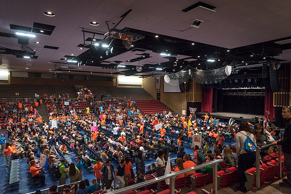 Newly incoming freshman meet in the Hart auditorium for a Living and Learning meeting at the start of the semester.