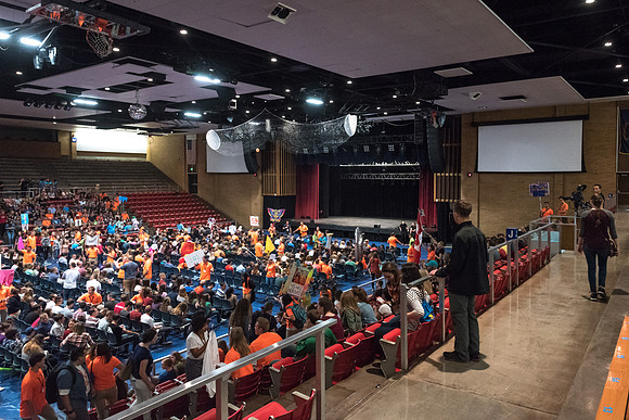Newly incoming freshman meet in the Hart auditorium for a Living and Learning meeting at the start of the semester.