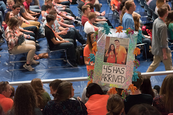 Newly incoming freshman meet in the Hart auditorium for a Living and Learning meeting at the start of the semester.