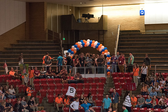 Newly incoming freshman meet in the Hart auditorium for a Living and Learning meeting at the start of the semester.