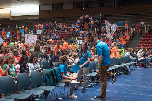 Newly incoming freshman meet in the Hart auditorium for a Living and Learning meeting at the start of the semester.