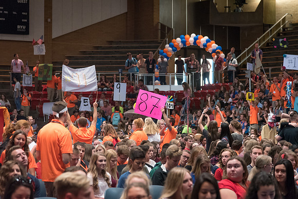 Newly incoming freshman meet in the Hart auditorium for a Living and Learning meeting at the start of the semester.