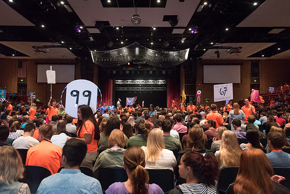 Newly incoming freshman meet in the Hart auditorium for a Living and Learning meeting at the start of the semester.