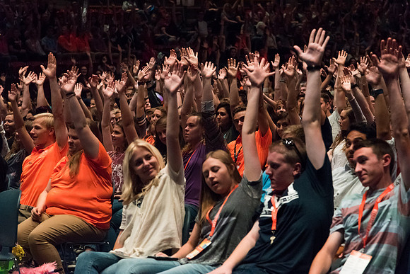 Newly incoming freshman meet in the Hart auditorium for a Living and Learning meeting at the start of the semester.