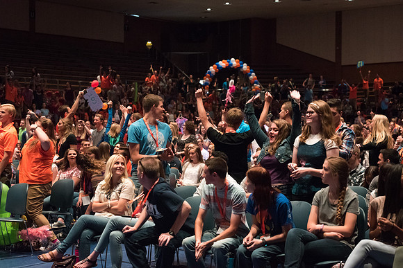 Newly incoming freshman meet in the Hart auditorium for a Living and Learning meeting at the start of the semester.