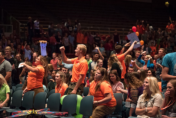Newly incoming freshman meet in the Hart auditorium for a Living and Learning meeting at the start of the semester.